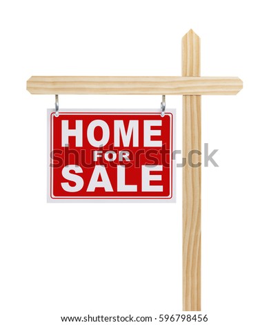 Red and White Home For Sale Sign On post Isolated on White Background.