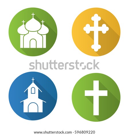 Christianity religion flat design long shadow icons set. Church, temple, Christian crucifix, cross. Vector silhouette illustration