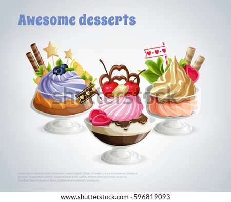 Composition with awesome desserts in glass bowls decorated nuts berries and candies on grey background vector illustration