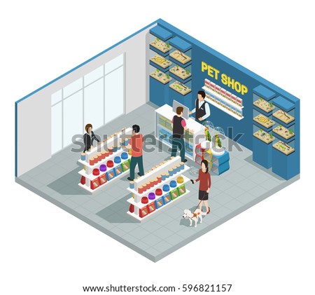 Pet shop composition with customers goods and pets isometric vector illustration
