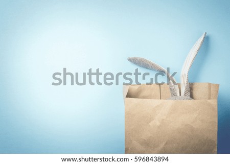 Easter bunny in a paper bag. Rabbit. Blue background. Easter ideas. Easter eggs. Space for text. Toned image. Trendy toning.