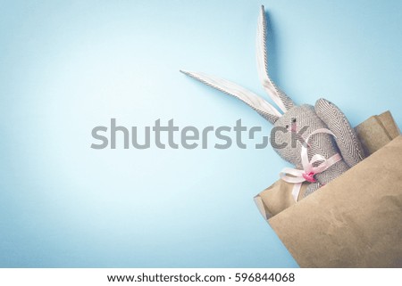 Easter bunny in a paper bag. Rabbit. Blue background. Easter ideas. Easter eggs. Space for text. Toned image. Trendy toning.
