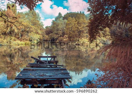 Abandoned wooden jetty in calm lake with reflection of tropical trees in Labuan,Malaysia.View in infrared photography,soft focusing.