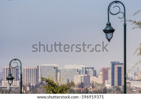 Street lights, San Jose downtown on the background, south San Francisco bay, Silicon Valley, California