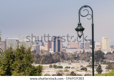 Street lights, San Jose downtown on the background, south San Francisco bay, Silicon Valley, California