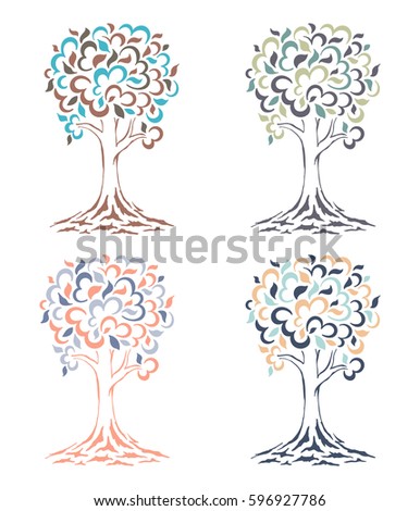 Tree silhouette swirls. Cartoon funny tree. Hand drawn vector illustration.