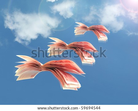 rmb bills fly in flocks in the sky against a background of white clouds
