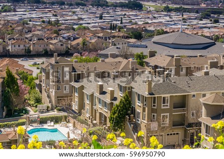 Aerial view of residential neighborhood, San Jose, California