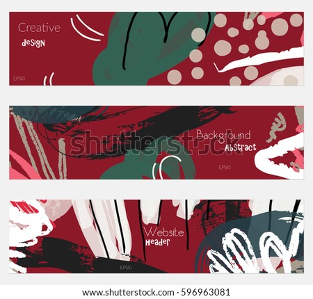 Roughly drawn floral elements white deep red banner set.Hand drawn textures creative abstract design. Website header social media advertisement sale brochure templates. Isolated on layer
