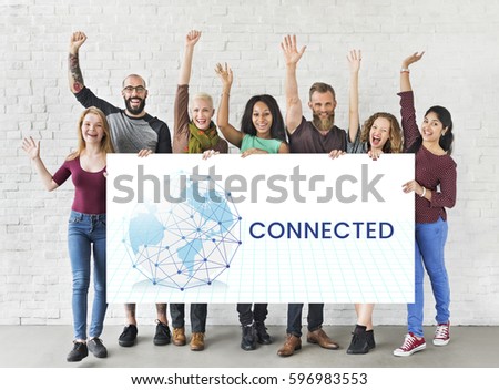 Students holding network graphic overlay banner