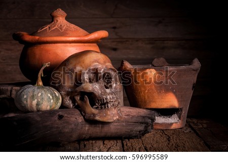 Still Life with Skull and clay pot,earthenware background
