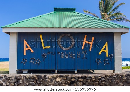 ALOHA at the restroom at Black sand beach punalu'u Hawaii Big Island