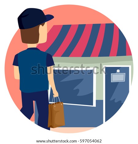 Illustration of a Man Holding a Paper Bag Going to the Store