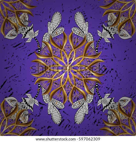 Ornate vector decoration. Seamless damask pattern background for wallpaper design in the style of Baroque. Golden pattern on violet background with golden elements.