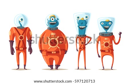 Friendly aliens. Cartoon vector illustration Royalty-Free Stock Photo #597120713