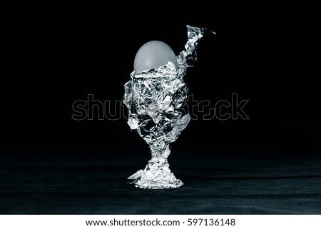 Artistic monochrome picture of an egg in a shiny foil.
