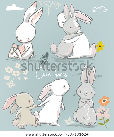 set with 6 cute little cartoon hares