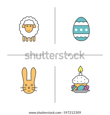 Easter color icons set. Easter bunny, lamb, egg and cake with eggs and candle on plate. Isolated vector illustrations