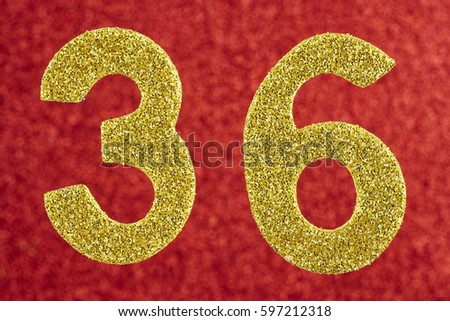 Number thirty-six yellow color over a red background. Anniversary. Horizontal