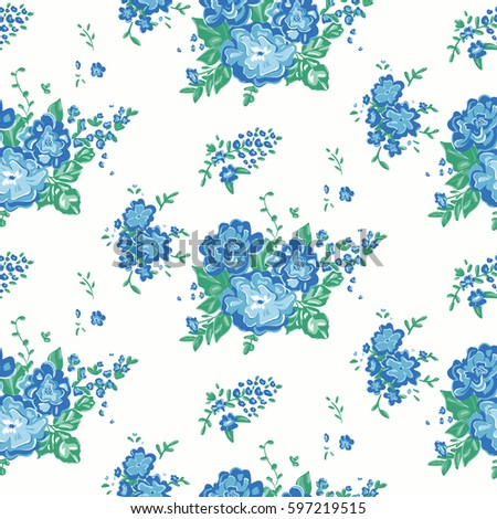  wallpaper seamless vintage flower pattern on white background.  Delicate floral background. blue  graphic print