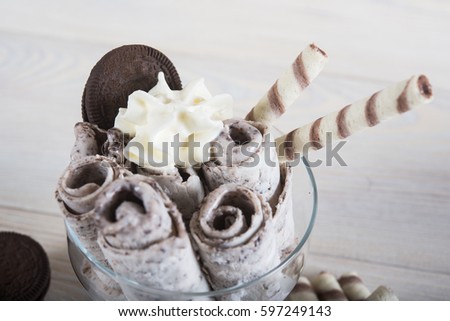 Fresh fried ice cream, ice roll Royalty-Free Stock Photo #597249143