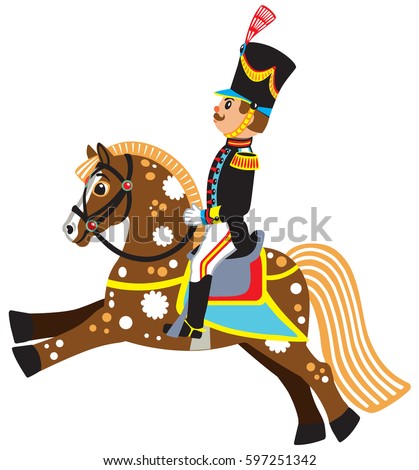 cartoon soldier riding a horse , side view isolated vector illustration