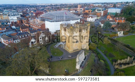 Top view aerial photo from flying drone of historic Guildford Castle, Surrey, Great Britain. England