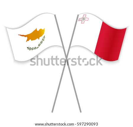 Cypriot and Maltese crossed flags. Cyprus combined with Malta isolated on white. Language learning, international business or travel concept.