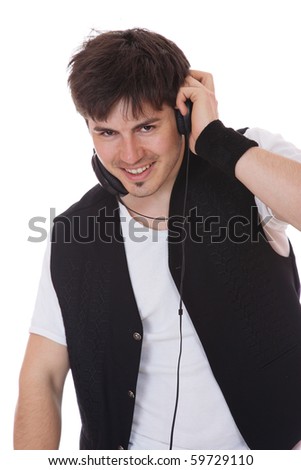 Young man listening music isolated on white