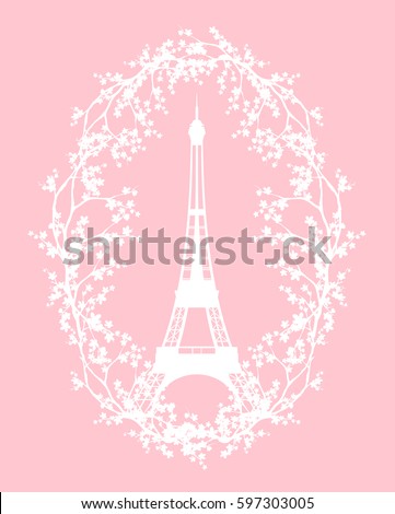 eiffel tower among blooming tree branches - spring season in Paris vector silhouette design .