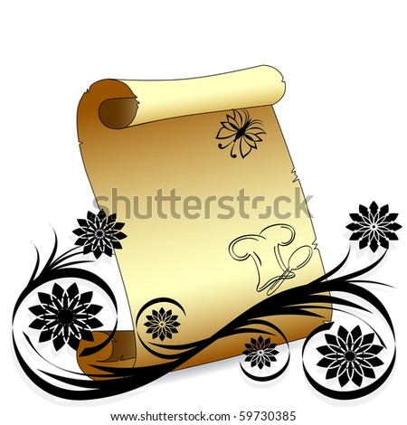Vector illustration of an old scroll paper with flower ornament and chef cap