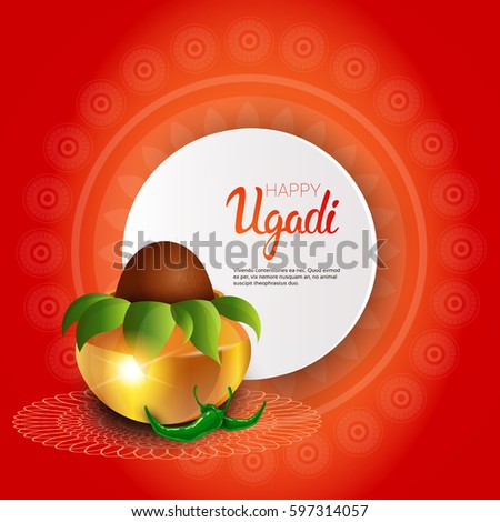 Happy Ugadi and Gudi Padwa Hindu New Year Greeting Card Holiday Pot With Coconut Flat Vector Illustration
