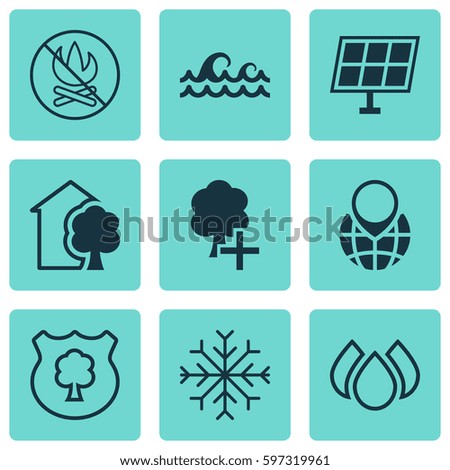 Set Of 9 Eco-Friendly Icons. Includes Ocean Wave, Snow, Insert Woods And Other Symbols. Beautiful Design Elements.