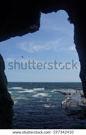 Sea and sky with hawks from cave (Enoshima Island)