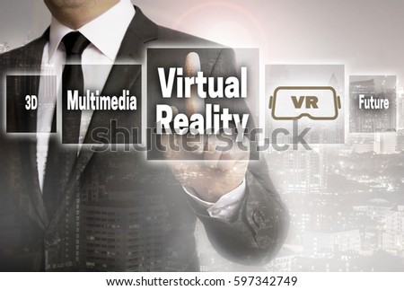 Virtual reality businessman with city background concept.