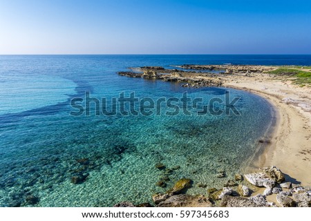 Ayios Philon church ruin and ancient Roman harbour at Karpaz Region of Cyprus Royalty-Free Stock Photo #597345683