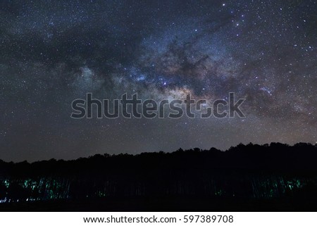 Milky Way and silhouette of tree at Phu Hin Rong Kla National Park,Phitsanulok Thailand, Long exposure photograph.