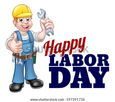 A Happy Labor Day design with a cartoon worker giving a thumbs up