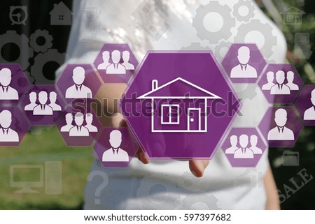 The concept of finding housing for rent or purchase . Businesswoman clicks with web icon Home on the touch screen in the web network.  