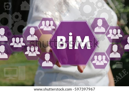 Businesswoman push button icon, BIM, building information modeling on the touch screen in the web network. 