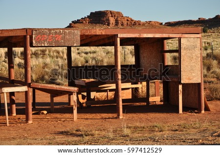 An abandoned Navajo shop in Arizona. Royalty-Free Stock Photo #597412529