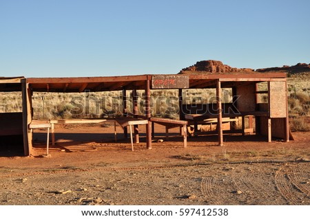 An abandoned Navajo shop in Arizona. Royalty-Free Stock Photo #597412538