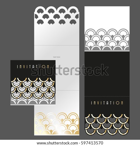 Laser cutting template of square invitation. Black and white invitation with a gold patterned border slotted in the form of scales.