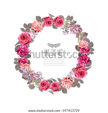 Elegant floral wreath, design element. Can be used for wedding, baby shower, mothers day, valentines day, birthday cards, invitations. Vintage decorative flowers