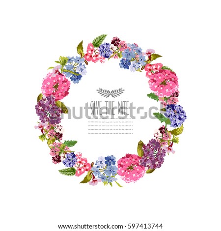 Elegant wreath with decorative bright flowers, design element. Can be used for wedding, baby shower, mothers day, valentines, birthday cards, invitations.