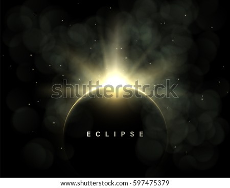 Vector dark abstract background with a solar eclipse. Black open space with a star shining from behind a planet, igniting its horizon. Round black placeholder for your text.  Royalty-Free Stock Photo #597475379