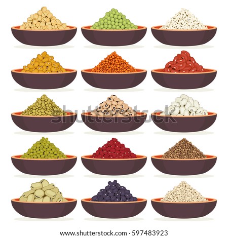 Bowls of dried cereals and legumes isolated on white background Royalty-Free Stock Photo #597483923