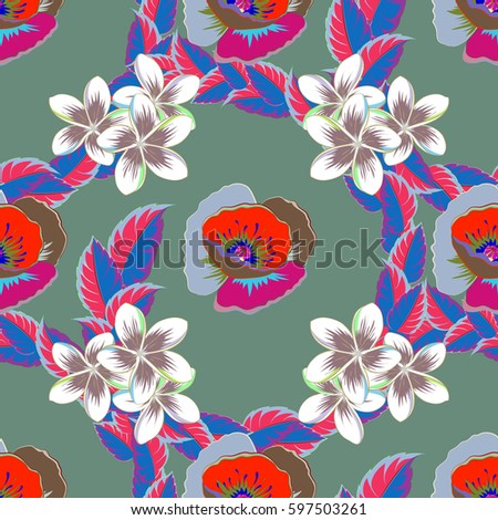 Vector illustration. Seamless pattern with cute plumeria flowers on a green background.