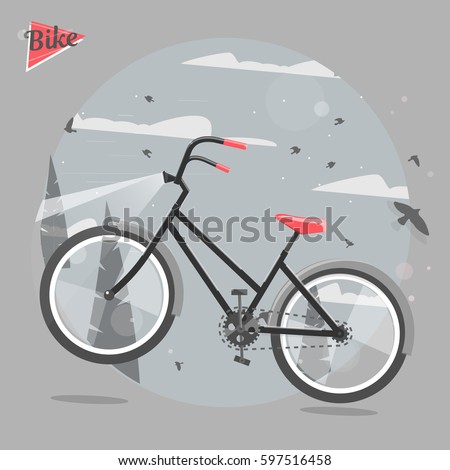 Cycling concept. Bicycle ride in the woods. Vector bright illustration of Bike. Trendy style for graphic design, logo, Web site, social media, user interface, mobile app.