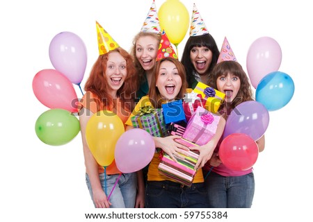 portrait of happy girls with boxes and balloons